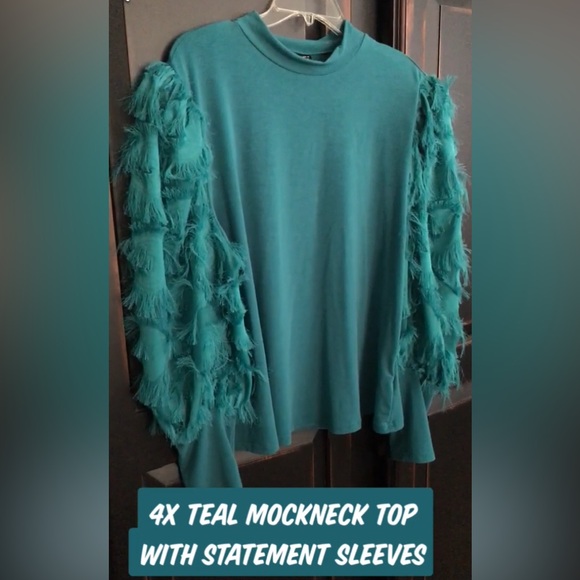 4X SHEIN Teal Blouse with Statement Feathery Sleeves - Picture 6 of 17